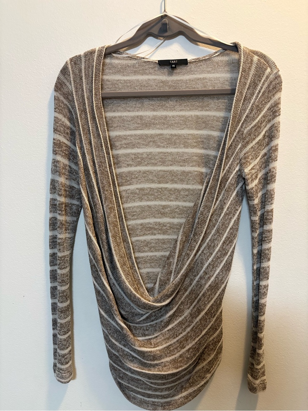 Tart Striped Drape-Front Women's Sweater - Taupe/Beige